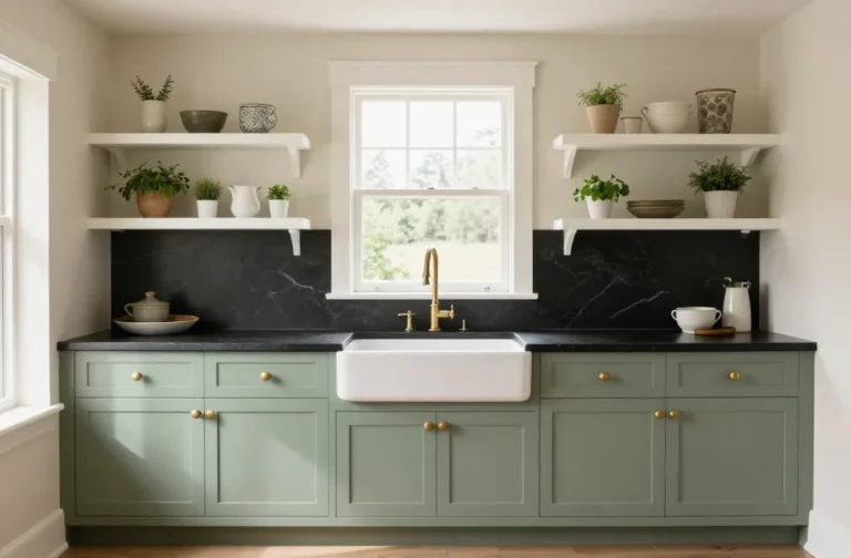 Stunning 11 Sage Green Cabinet Ideas That Balance Dark Countertops in Farmhouse Kitchens